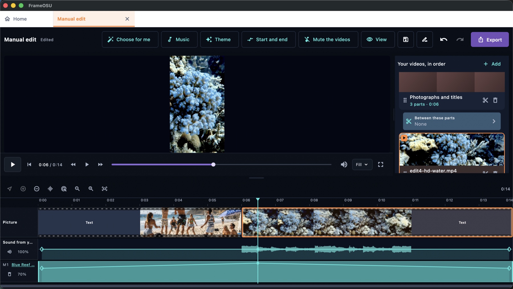 FrameOsu's main editor on macOS with an underwater reel in the preview, source cards on the right, picture and sound lanes below, and a music-volume curve peaking near six seconds