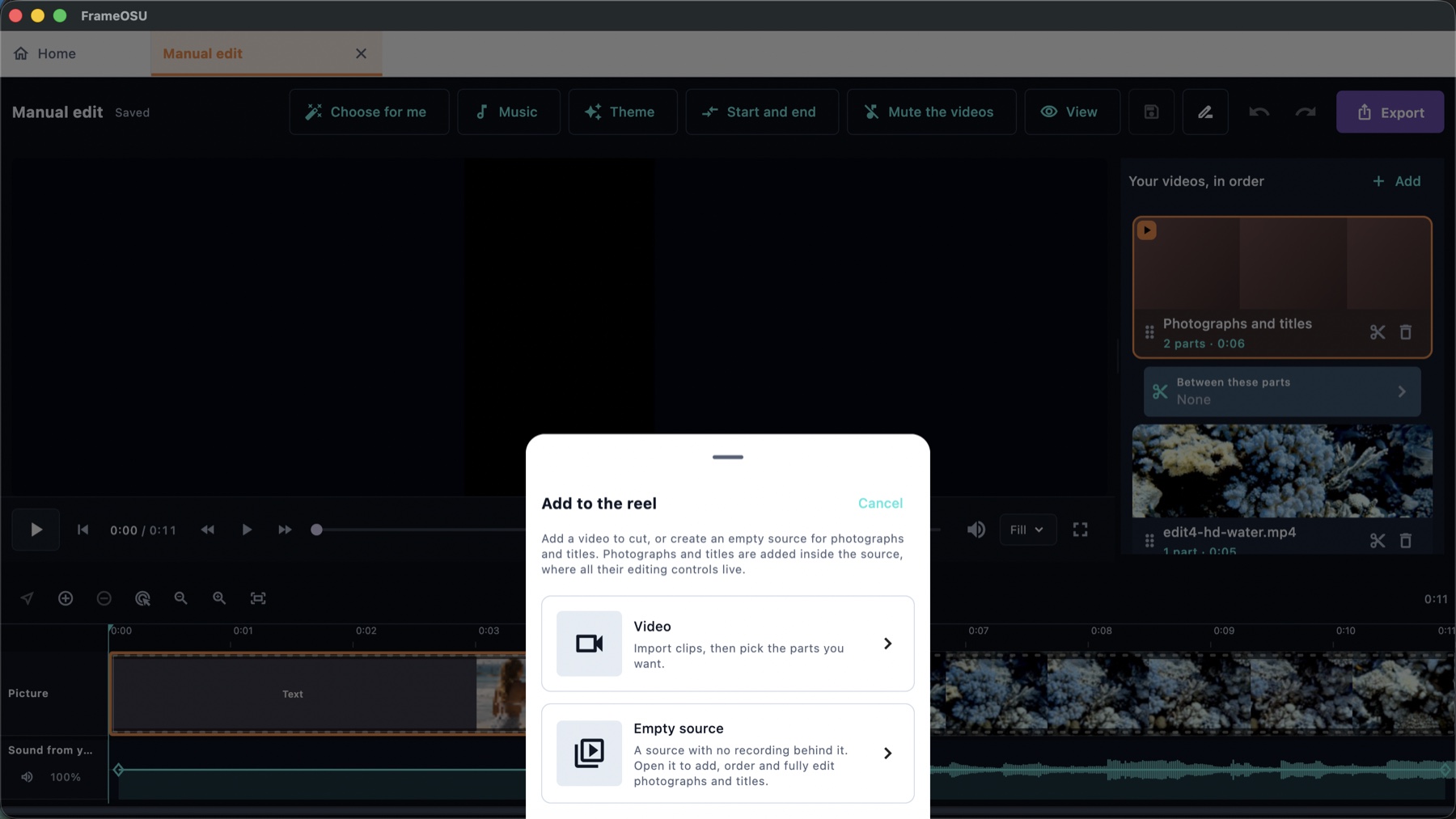FrameOsu's Add to the reel sheet offering Video and Empty source, with explanatory text for each choice