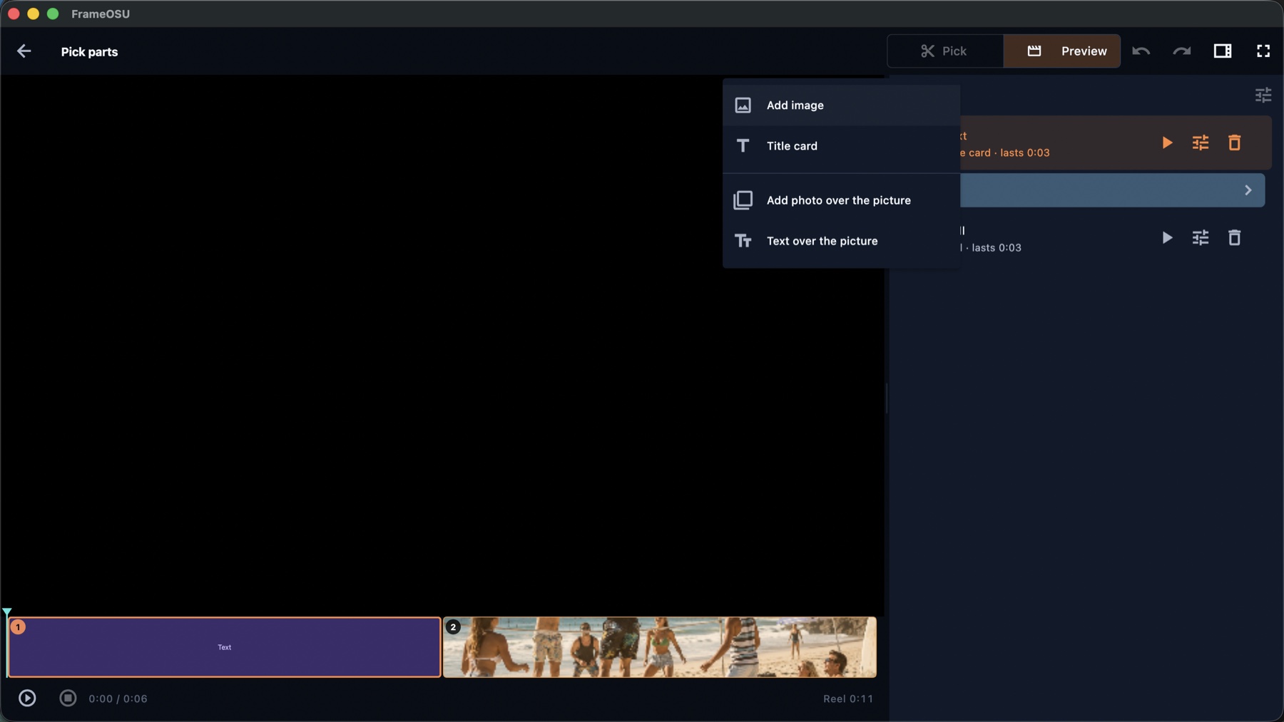 FrameOsu's add-part menu listing Add image, Title card, Add photo over the picture and Text over the picture