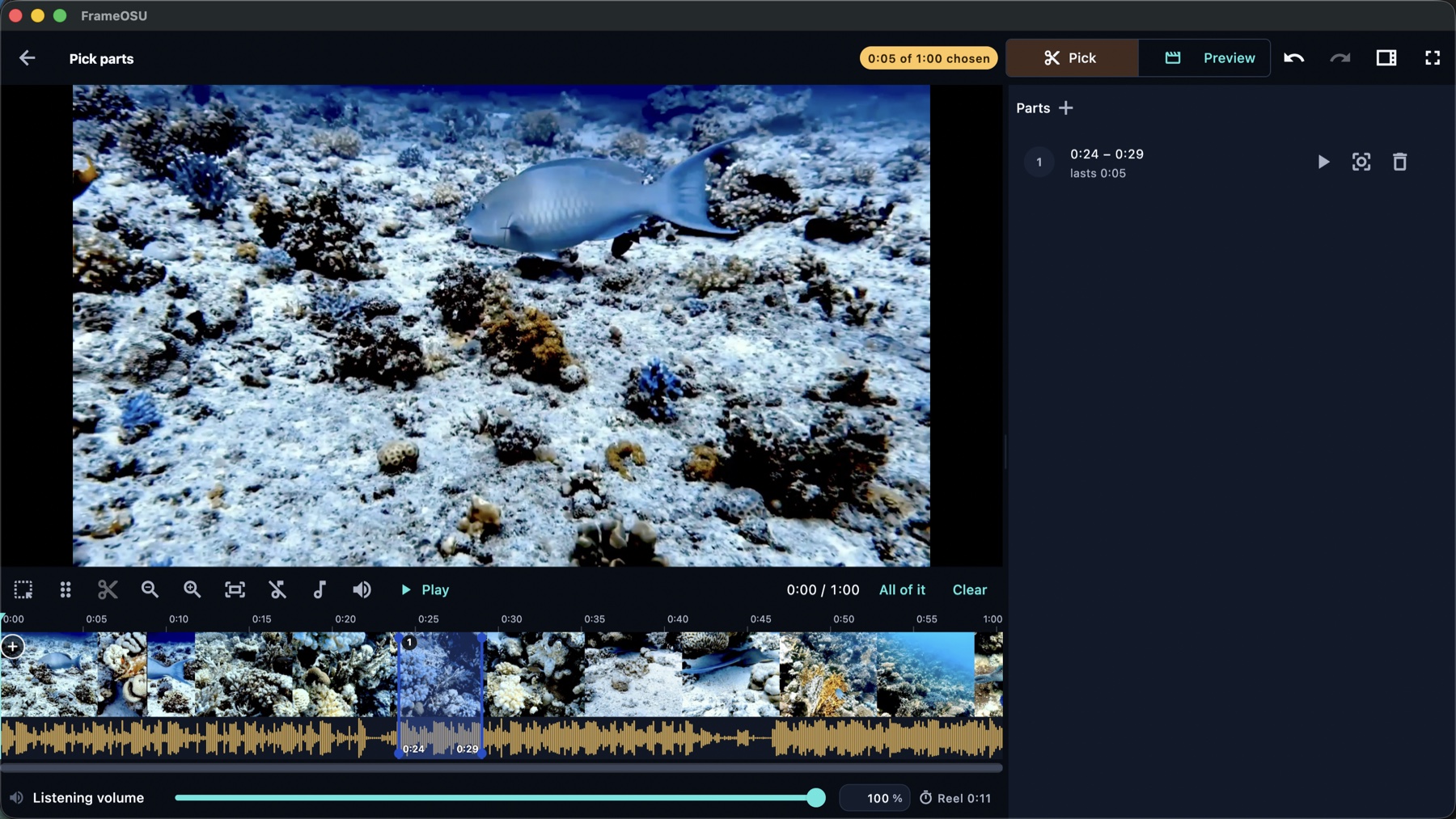 FrameOsu's Pick screen with a coral video, one orange selection from 0:24 to 0:29 over the filmstrip and waveform, and its numbered card in the Parts panel
