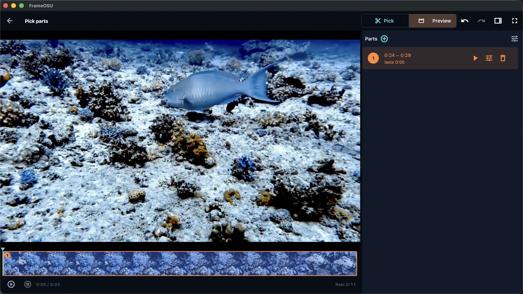 FrameOsu's Preview mode showing the selected coral part full size, its five-second strip below and the part card at right
