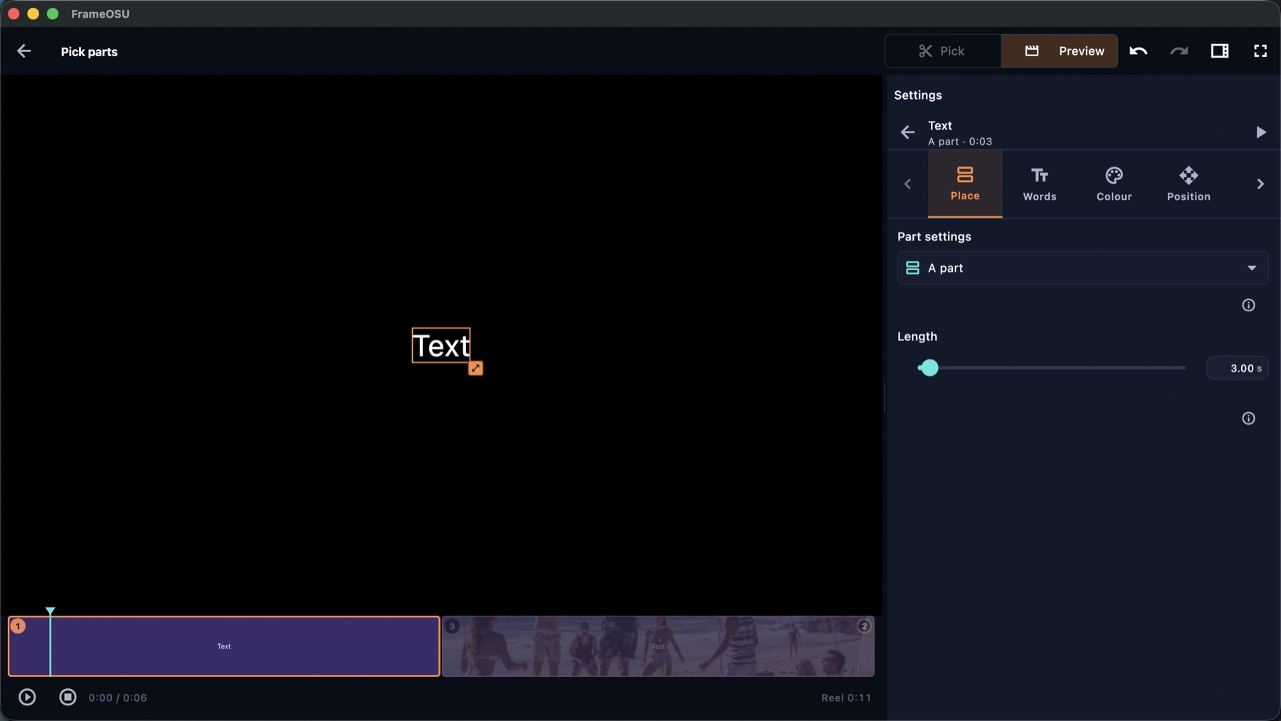 FrameOsu's title editor with the word Text selected on a black canvas, Place, Words, Colour and Position tabs, a three-second length and a purple title block
