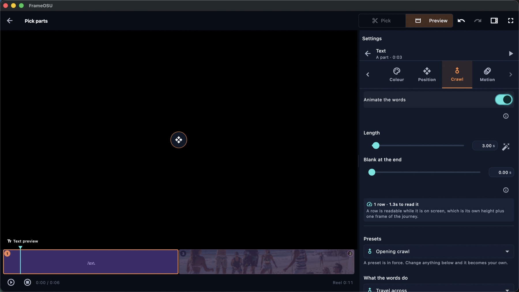 FrameOsu's Crawl tab with Animate the words enabled, Length and Blank at the end sliders, a readability card and the Opening crawl preset