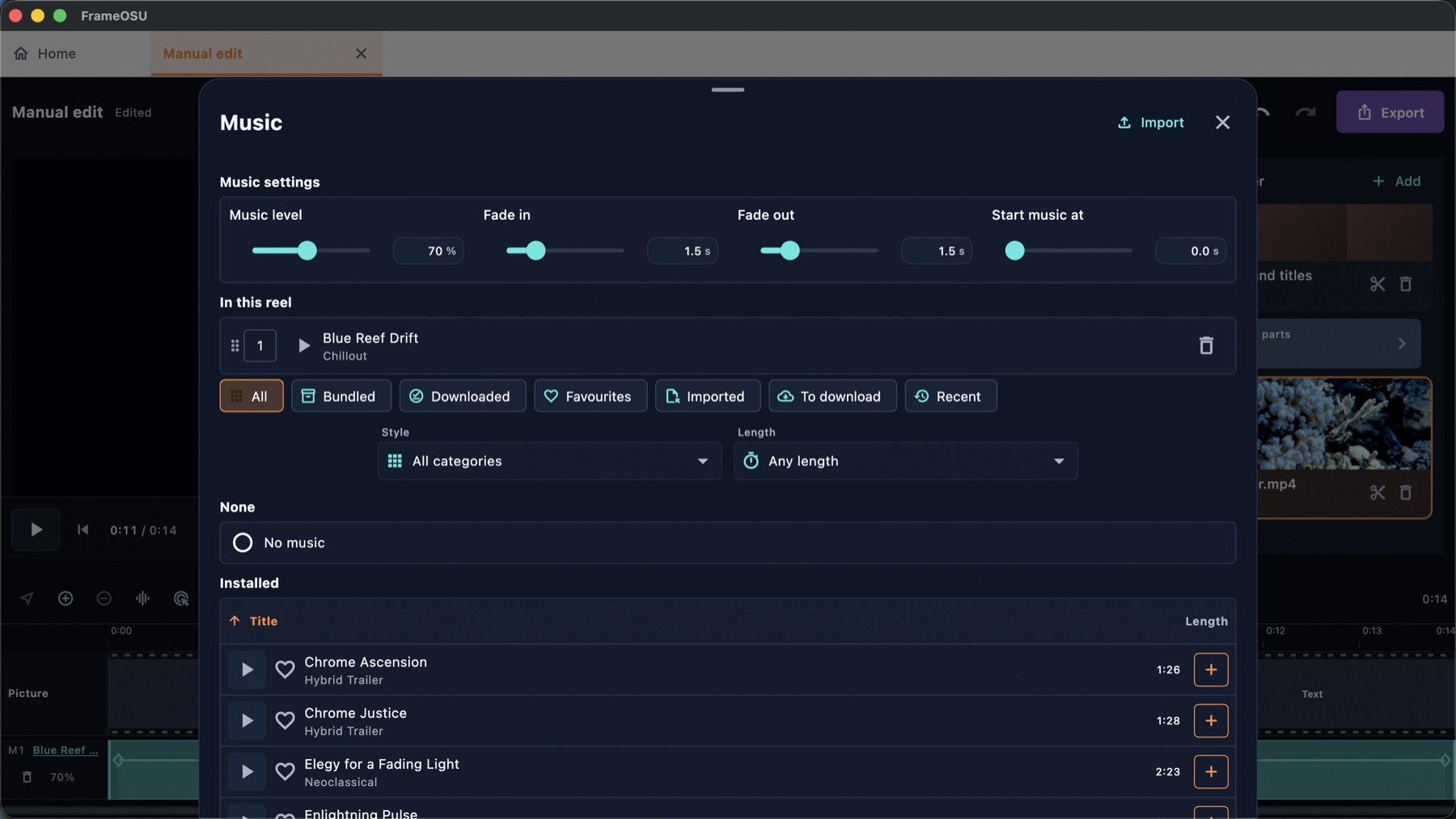 FrameOsu's Music sheet with Blue Reef Drift in the reel, level and fade controls, source filters, style and length filters, and tracks with plus buttons