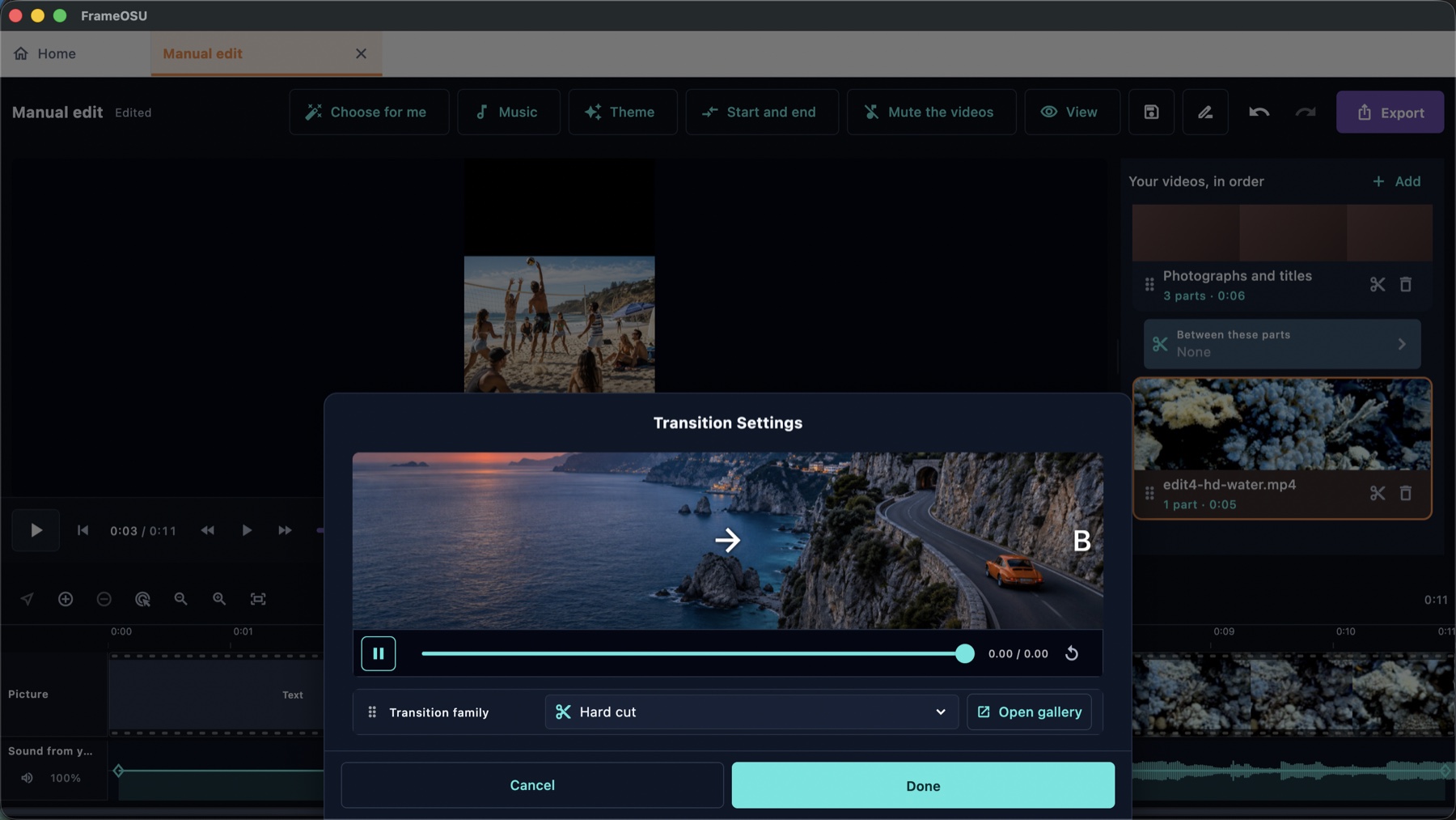 FrameOsu's Transition Settings sheet with an A-to-B preview, playback scrubber, Hard cut family selector, Open gallery button and Done button