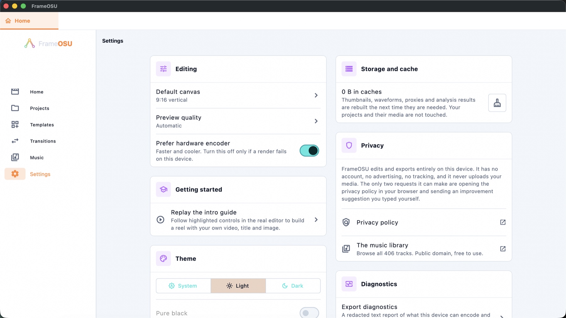 FrameOsu's macOS Settings page showing Editing, Getting started, Theme, Storage and cache, Privacy and Diagnostics cards