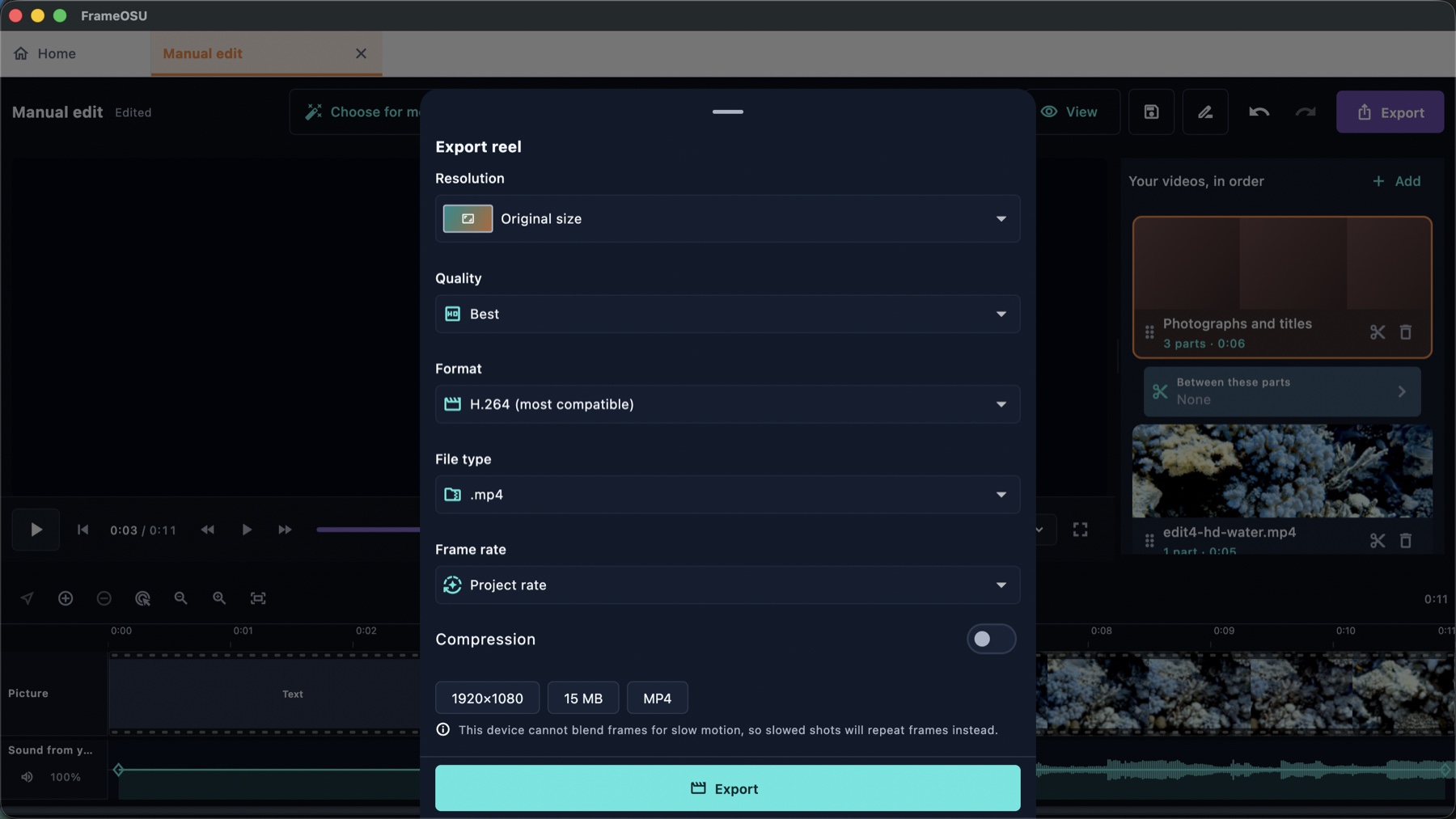 FrameOsu's Export reel sheet with Original size, Best quality, H.264, MP4, project frame rate, Compression off, calculated 1920 by 1080 and 15 MB facts, and Export button