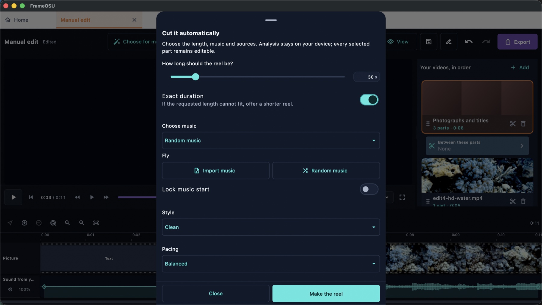 FrameOsu's Auto Reel sheet on macOS showing target and exact duration, random music, locked start, Clean style, Balanced pacing and Make the reel