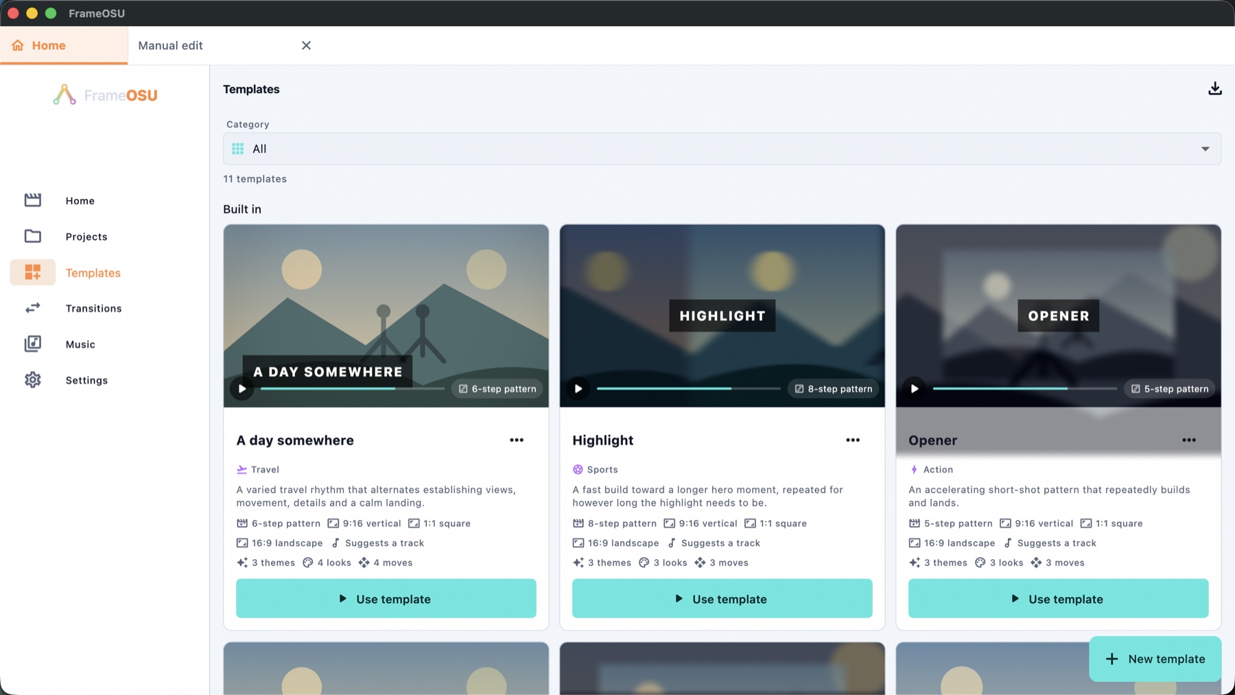 FrameOsu's Templates library on macOS with category selector, three built-in template cards, recipe details, Use template buttons and New template