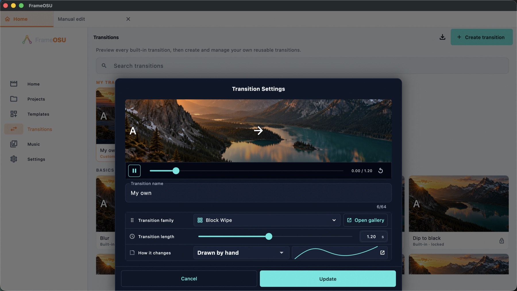 FrameOsu's custom Transition Settings modal on macOS with A-to-B preview, My own name, Block Wipe family, transition length, hand-drawn curve and Update