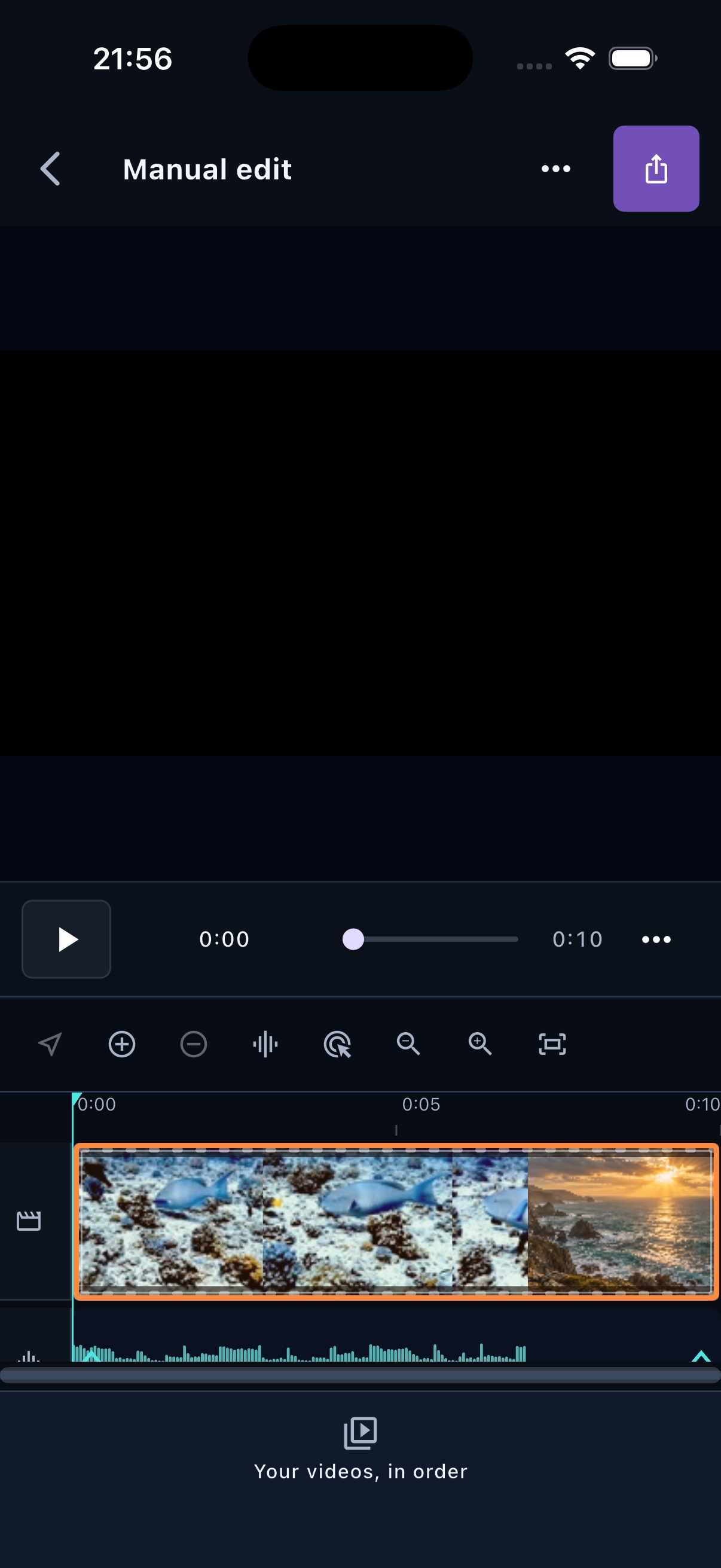 FrameOsu's mobile editor on iPhone with the preview above the picture and source-sound lanes, plus the ordered-sources button in the bottom dock