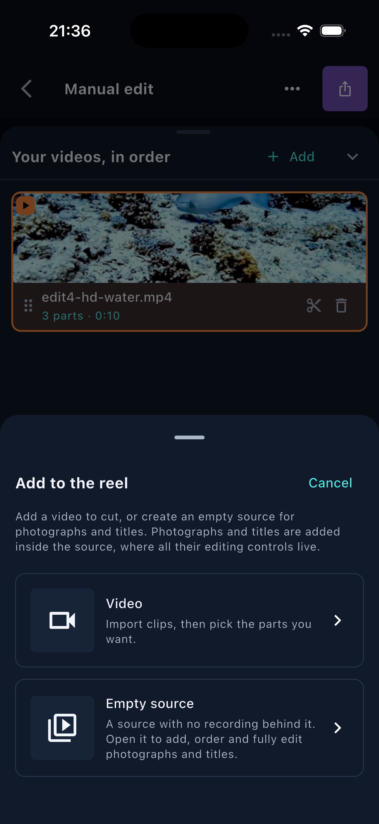 FrameOsu's Add to the reel bottom sheet on iPhone offering Video and Empty source over the mobile editor