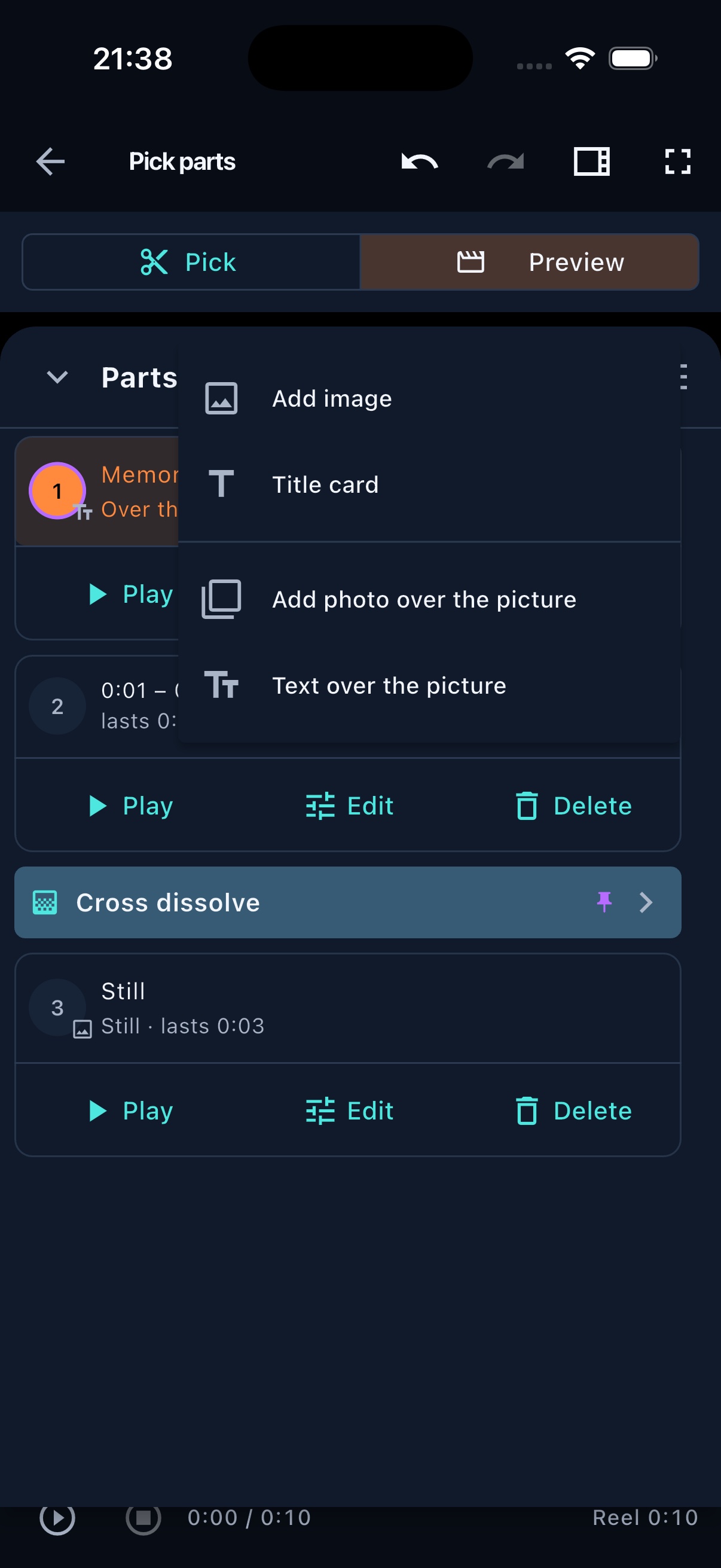FrameOsu's mobile Parts panel with its plus menu open, listing Add image, Title card, Add photo over the picture and Text over the picture
