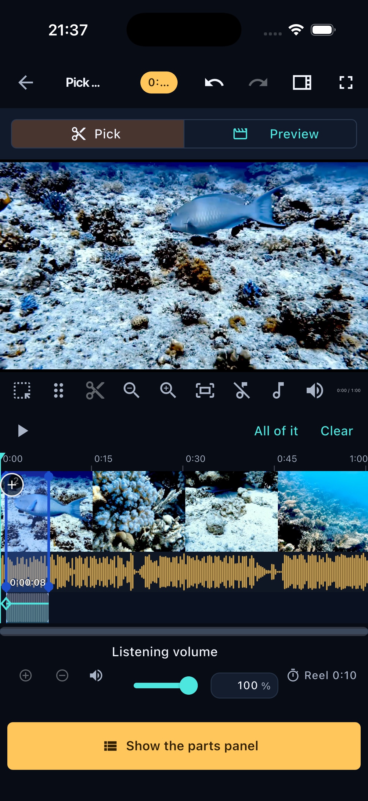 FrameOsu's mobile Pick screen with an underwater video, an eight-second range highlighted at the start of the one-minute filmstrip and waveform, listening-volume controls and a button for the Parts panel