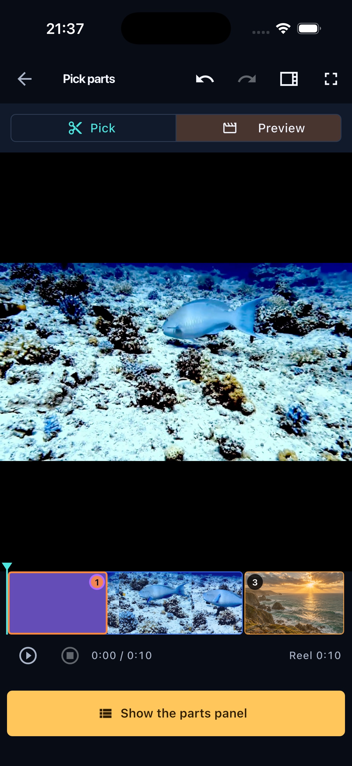 FrameOsu's mobile Preview mode showing the selected underwater material, a three-part numbered strip, playback clock and button for the Parts panel