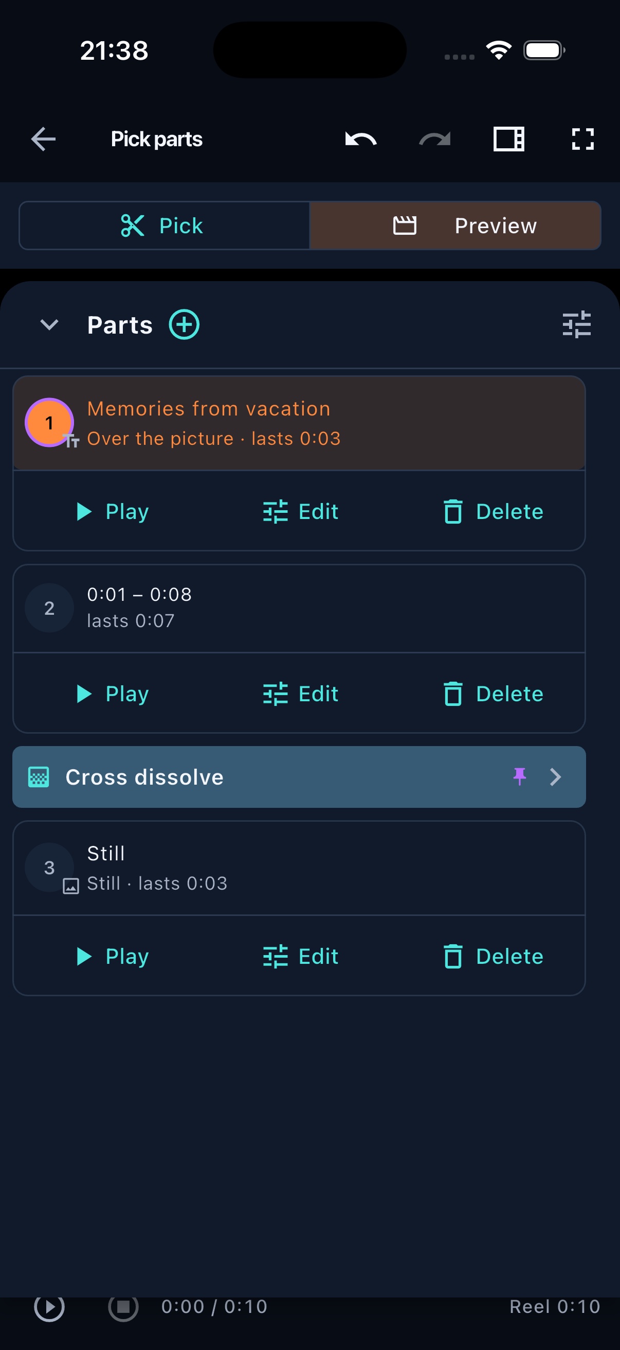 FrameOsu's mobile Parts panel with text overlay 1, video range 2, a blue pinned Cross dissolve junction and still image 3 in their playing order