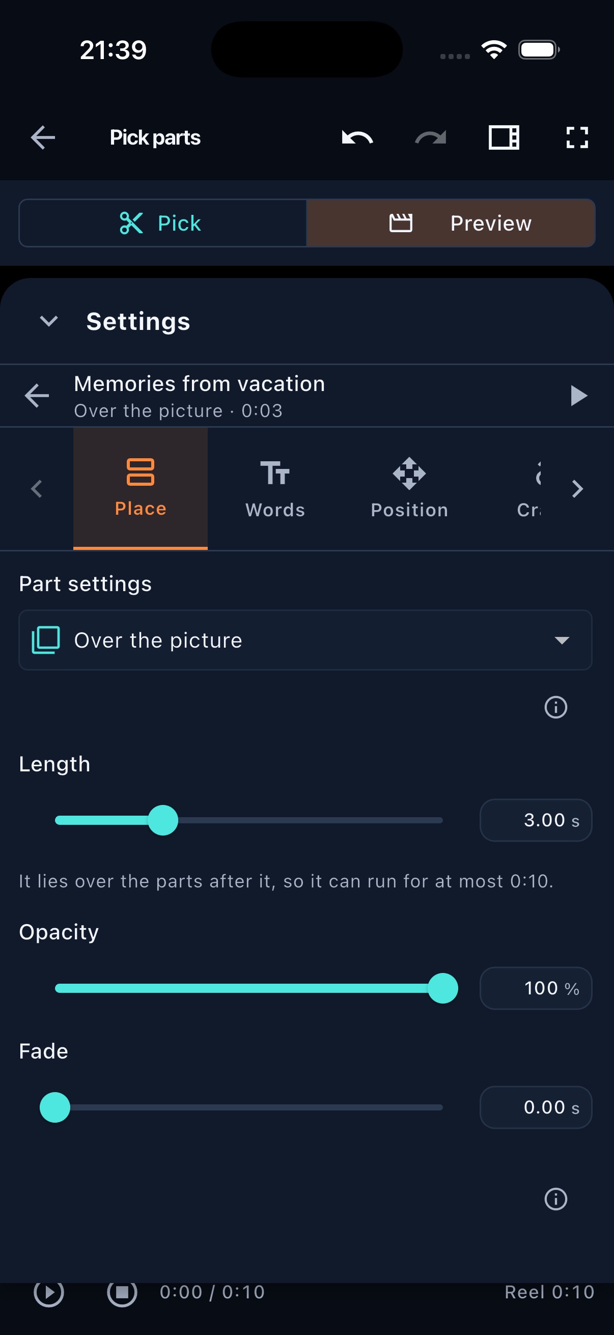 FrameOsu's mobile text-overlay settings with Place, Words and Position tabs, the overlay identified as a three-second layer with Length, Opacity and Fade controls