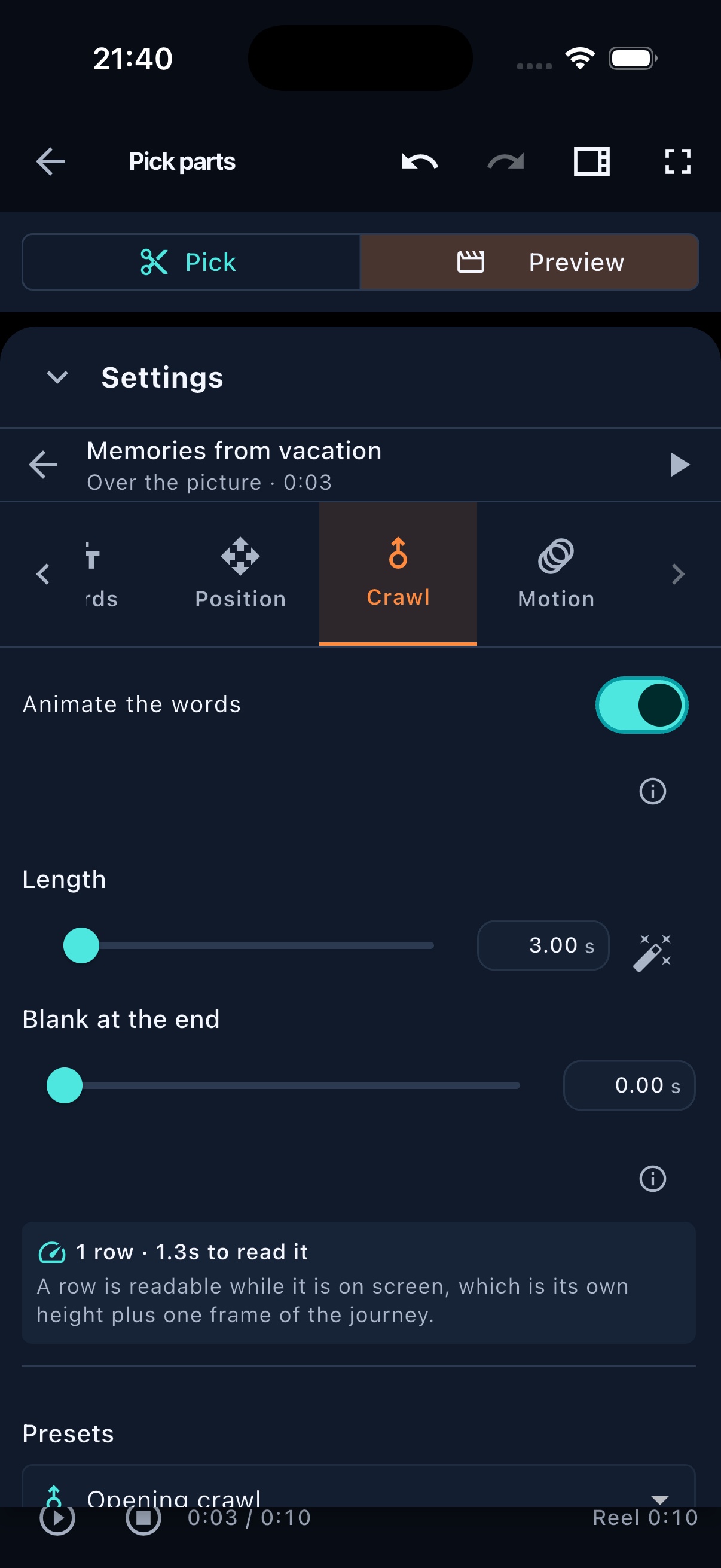 FrameOsu's mobile Crawl tab with Animate the words enabled, three-second Length and Blank at the end controls, a one-row readability estimate and Opening crawl preset