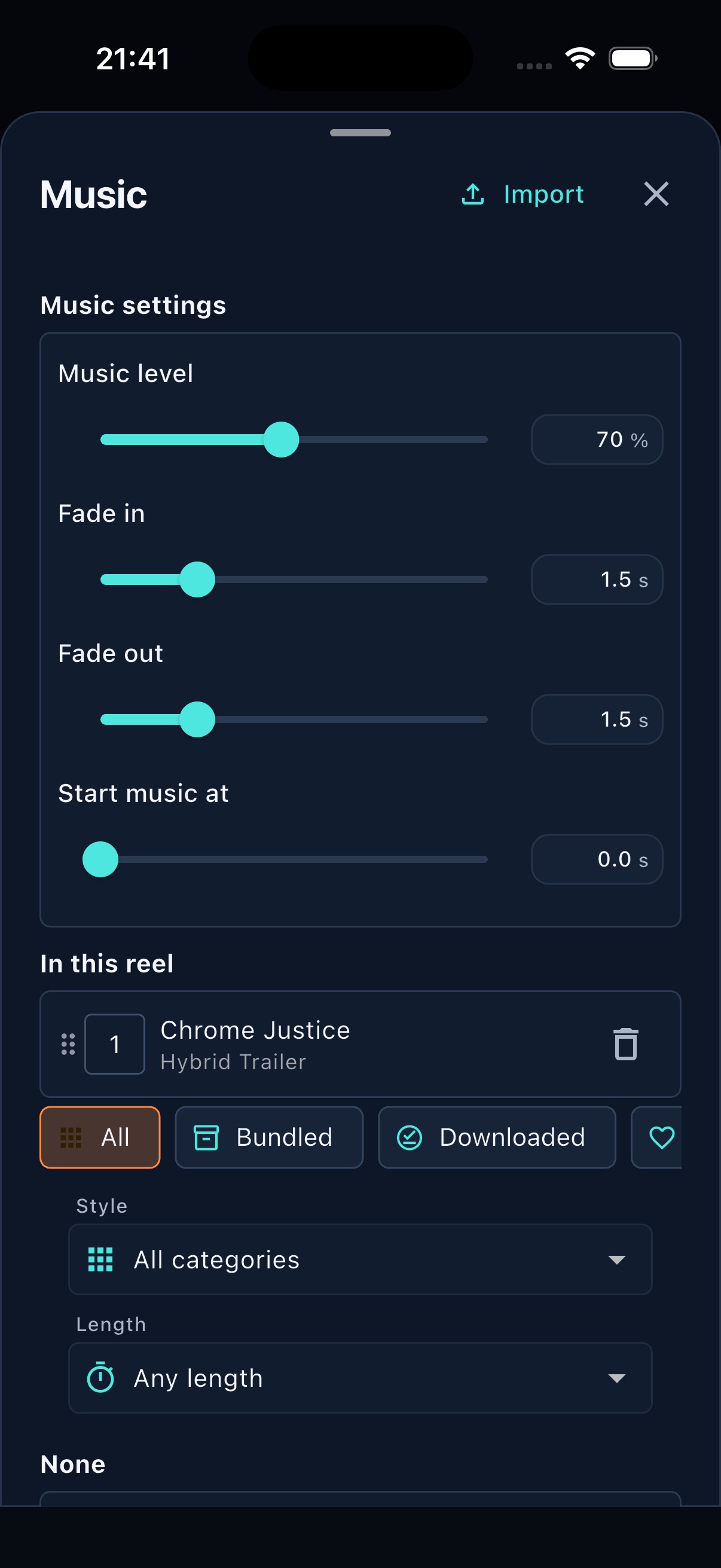 FrameOsu's mobile Music sheet after Chrome Justice was added, showing 70 percent level, 1.5-second fades, start time, the In this reel card and library filters