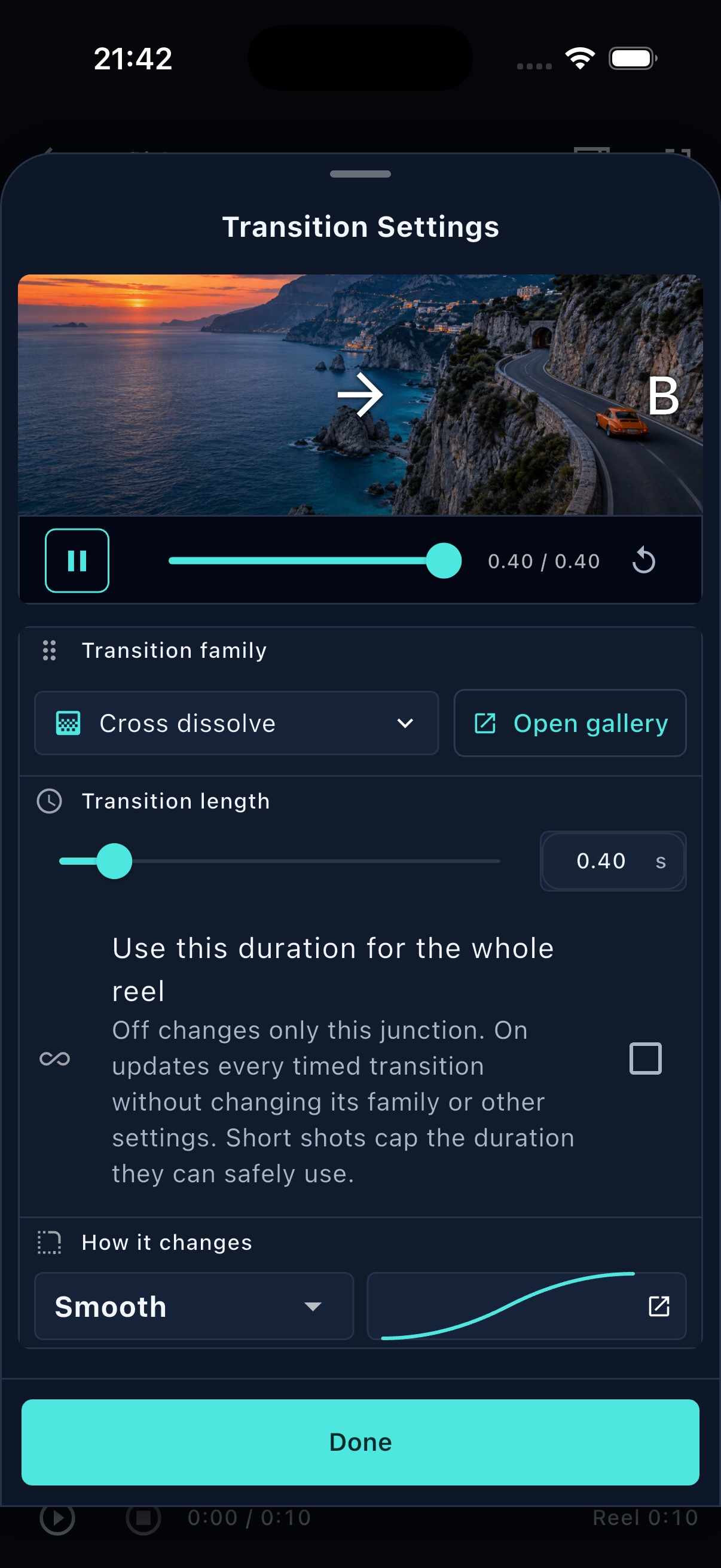 FrameOsu's mobile Transition Settings bottom sheet with an A-to-B preview, playback controls, Cross dissolve family, Open gallery, duration, easing and Done button