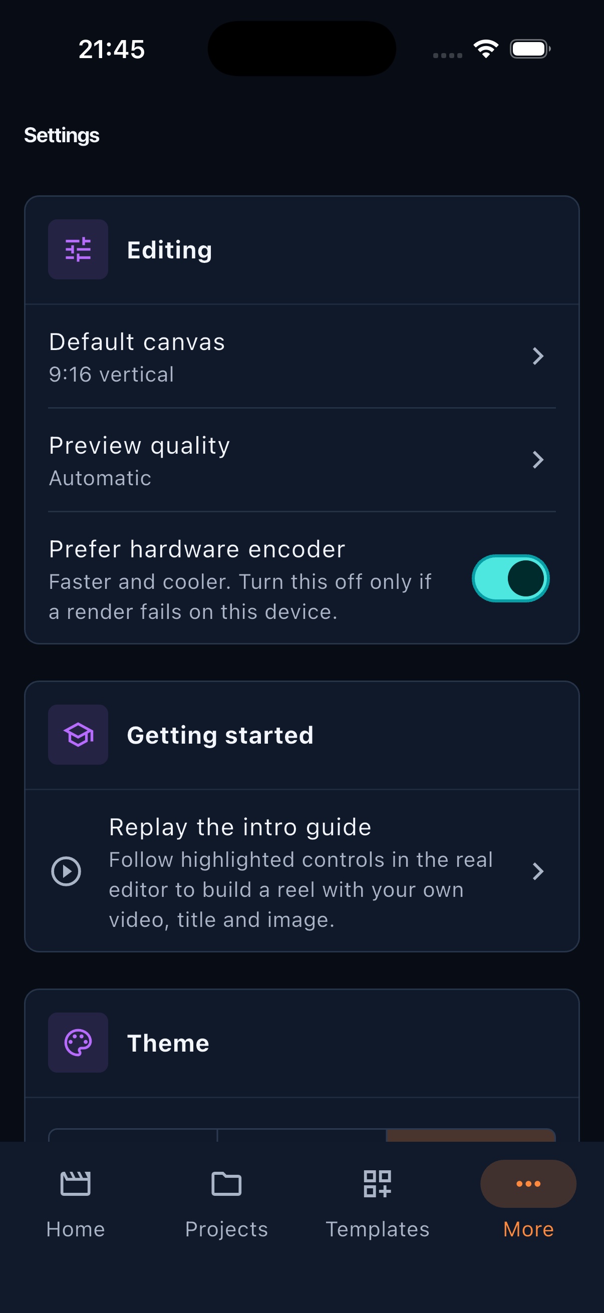FrameOsu's mobile Settings page showing Editing defaults, hardware encoding, Getting started and the beginning of the Theme card