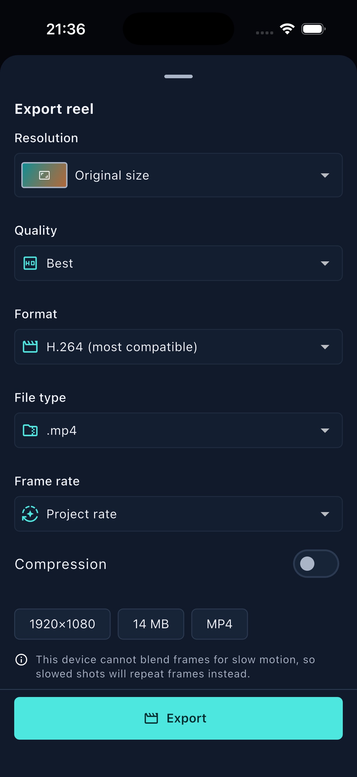 FrameOsu's mobile Export reel sheet with Original size, Best quality, H.264, MP4, project frame rate, Compression off, calculated 1920 by 1080 and 14 MB facts, and Export button