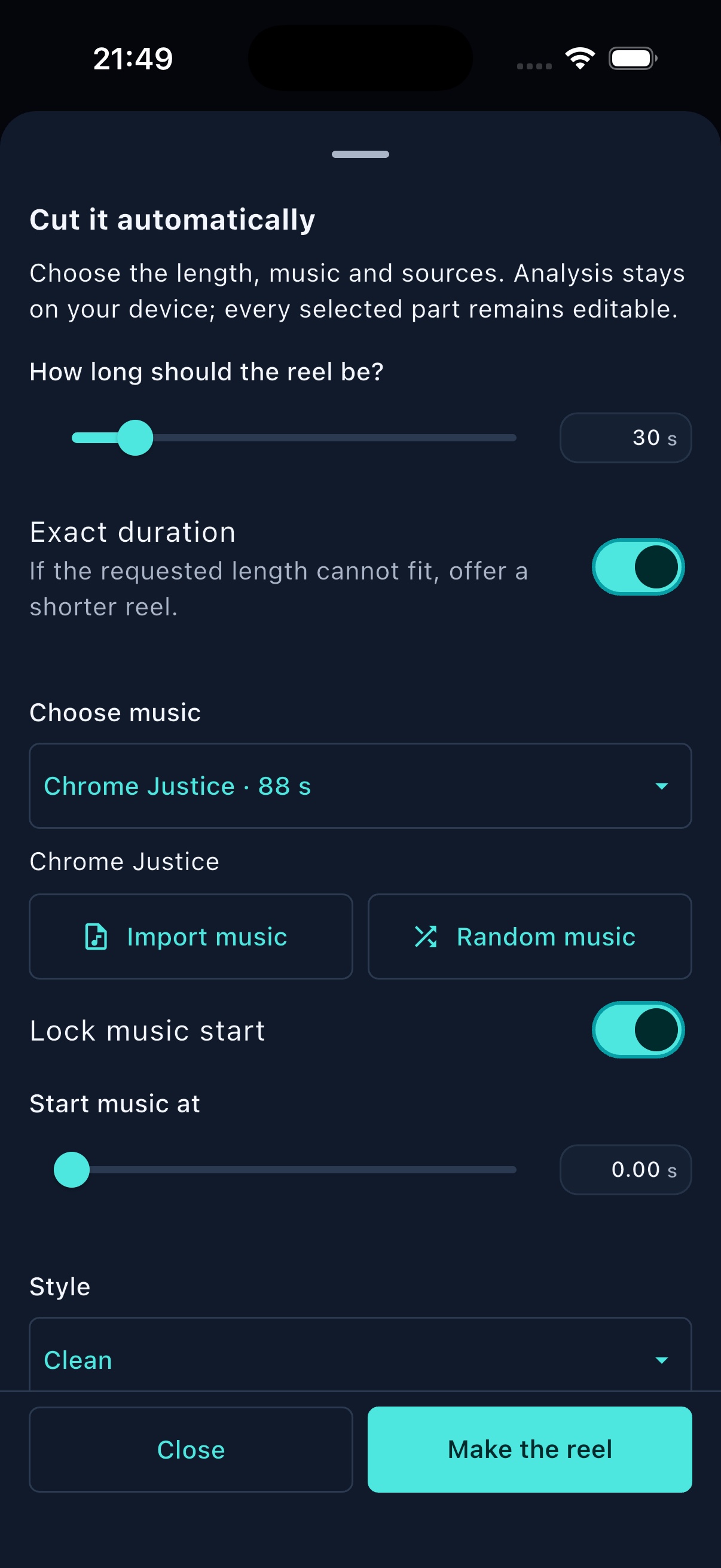 FrameOsu's Auto Reel sheet on iPhone showing target duration, Exact duration, music choice and start, Style, and Make the reel