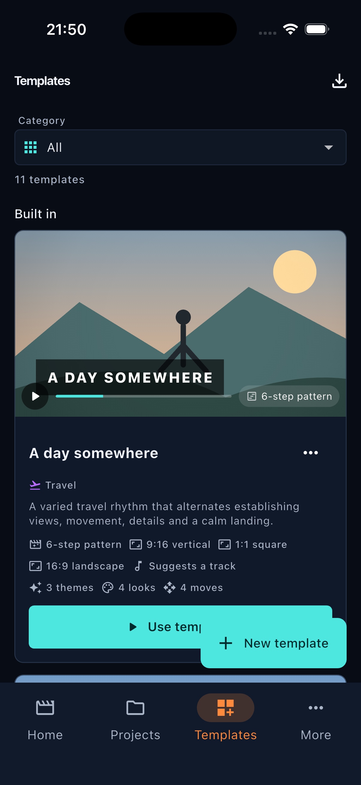 FrameOsu's Templates library on iPhone with category selector, animated A day somewhere card, recipe details, Use template and New template buttons