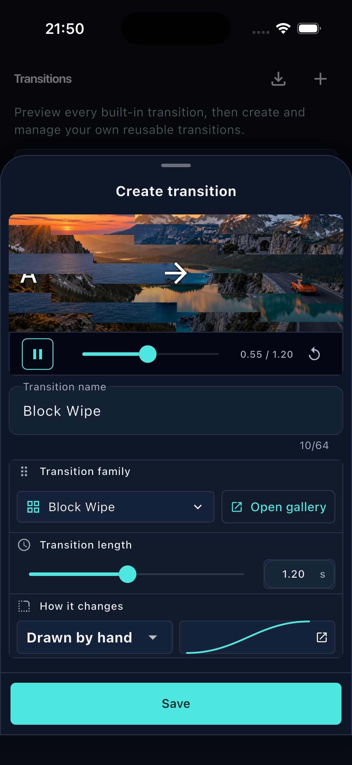 FrameOsu's Create transition sheet on iPhone with A-to-B preview, Block Wipe name and family, Open gallery, transition length, hand-drawn curve and Save