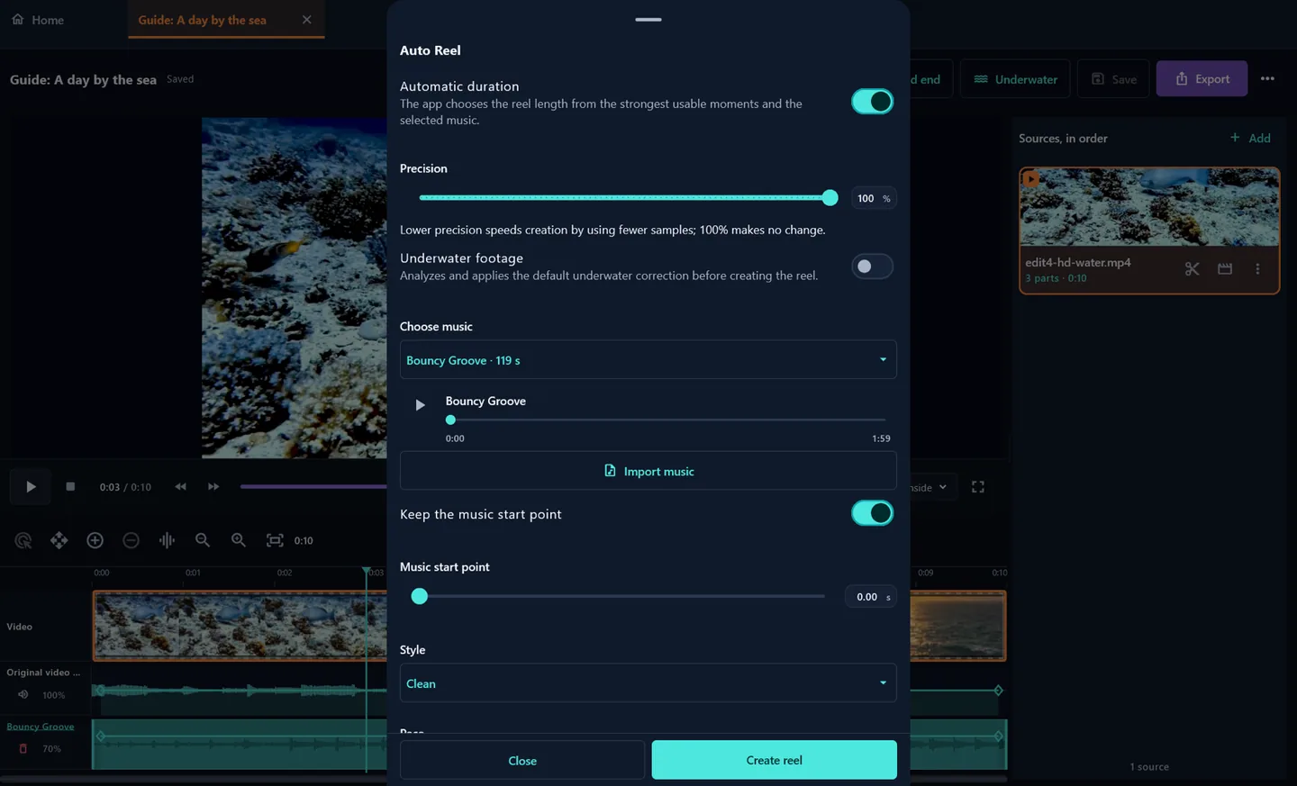 Create a first draft with Auto Reel · Desktop